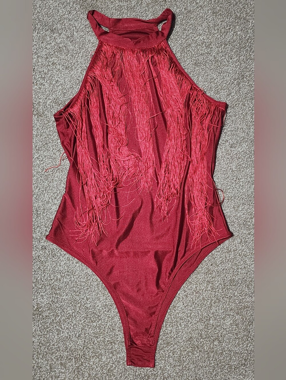 SHEIN Red Fringe Halter One-Piece Bodysuit